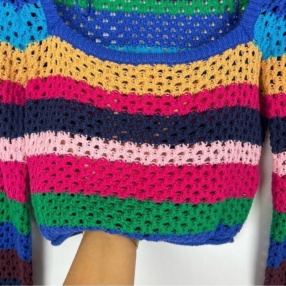 Zara women square neck crochet top size S cropped long sleeve striped multicolor - Picture 5 of 9
